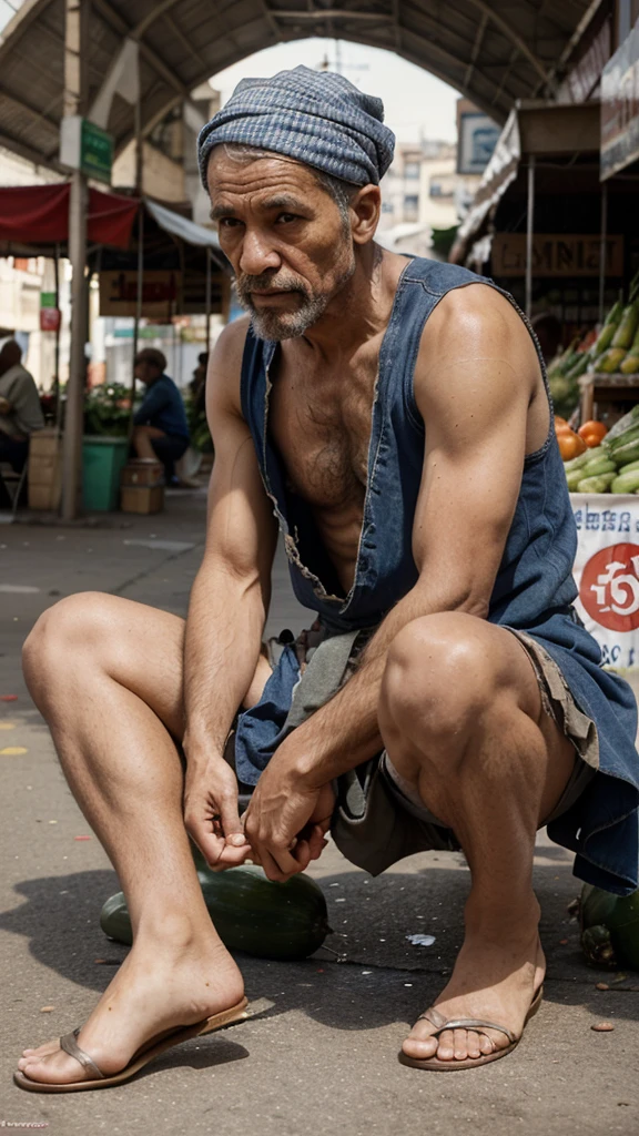 Beggar man 50 years old sit with legs squatting next to a vegetable traditional public market, torn dress, dirty skins, 