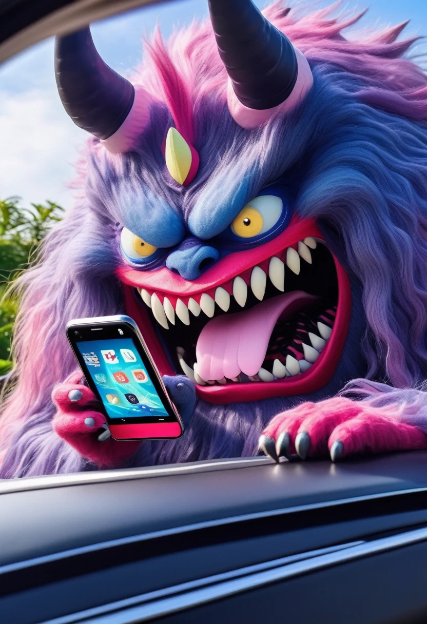 Rokurokubi the monster looking at a smartphone Inside the car summer