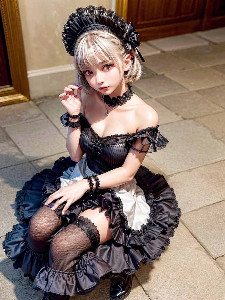 (8K, Photorealistic, Raw photo, of the highest quality: 1.3), (1girl in), Super beautiful, (Realistic face), (boyish, Silver Color Berry Shorthair), Beautiful , Glare that captivates the viewer, Beautiful expression, Beautiful breasts, (Realistic skin), Be...Super high quality, super high definition, super detailed, masterpiece, 20years old, female, cute, perfect face, beautiful, nice body, gothic lolita clothes, gothic lolita fashion, frilly skirt, headdress, necklace, bracelet, knee-high socks, boots, double eyelids, tear bags, Detailed down to the fingers, photo-like description, indoors, dim indoor lighting, blonde hair, short bob, standing, whole body, composition that shows the whole body, smiling