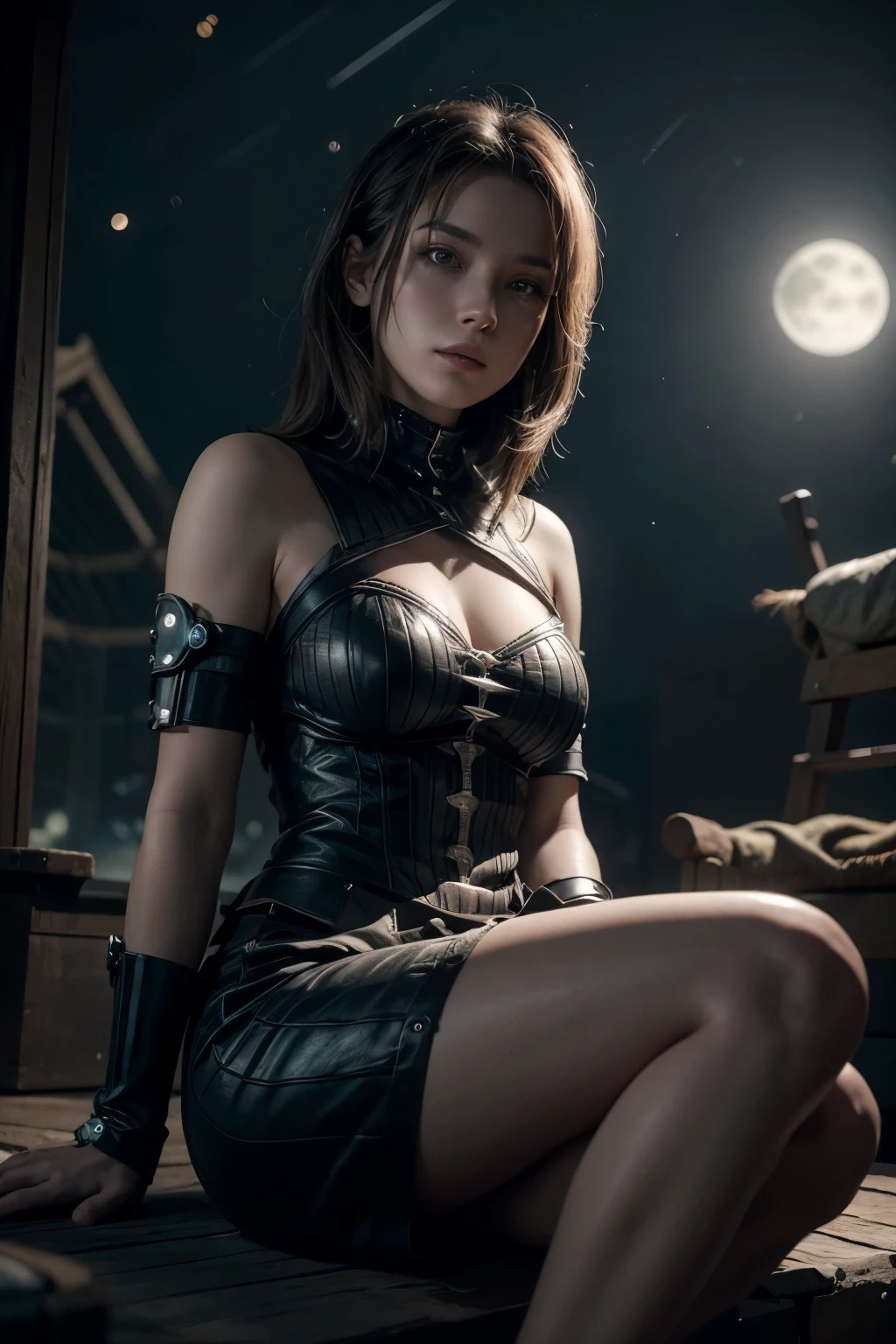 A STEMAPUNK LADY SITTING UNDER THE MOONLIGHT, cinematic lighting, high quality digital art, photorealistic, masterpiece