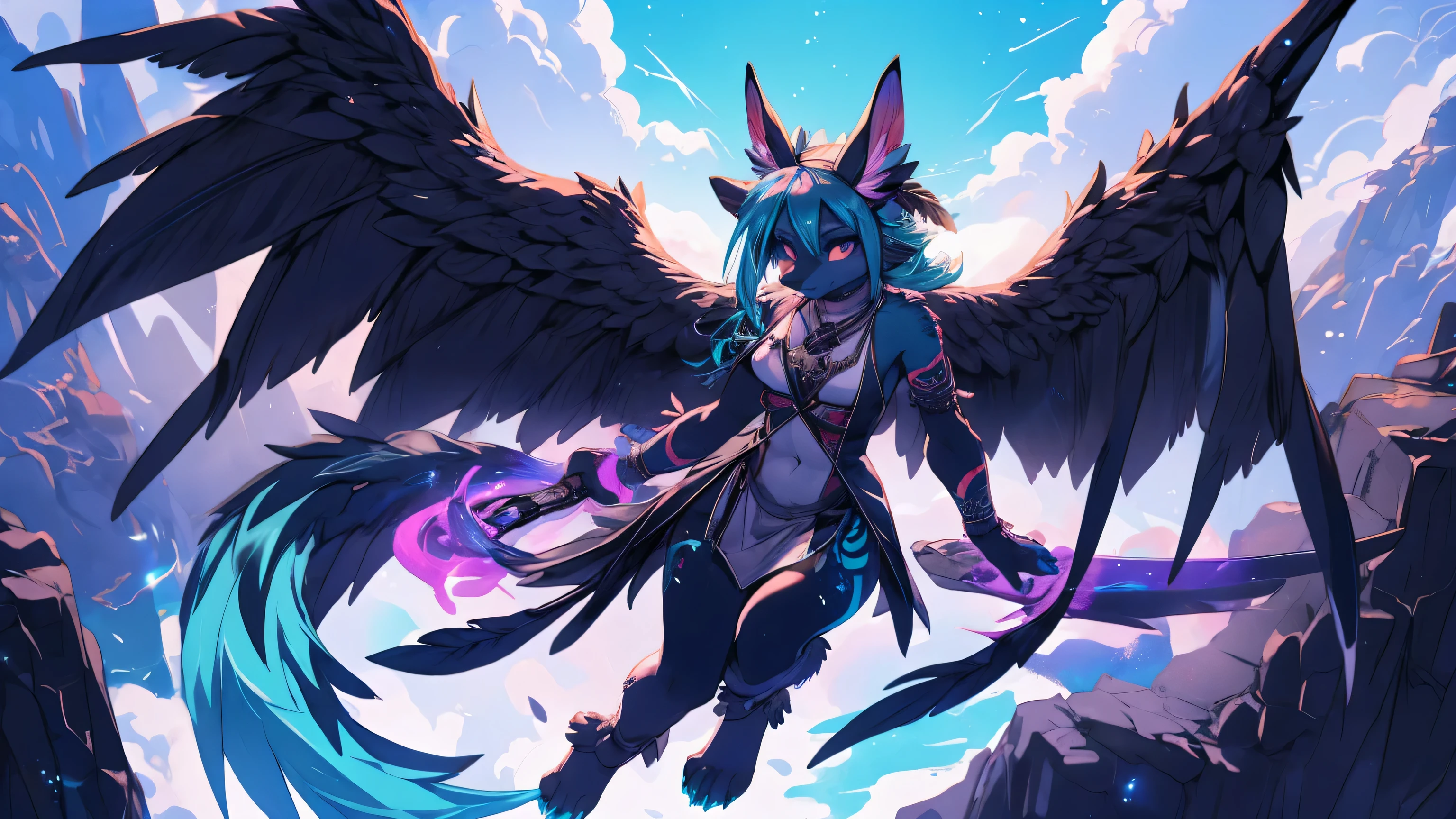 Miku Hatsune, add high definition_detail:1, blue fur,kitsune ears, tribal tattoo add_detail:1, in hell add_detail, barefoot, the same, giant black feather wings add_detail:1 ,alas hermosas la mejor calidad y detail en las flumas, blue saturation light, angewomon costume