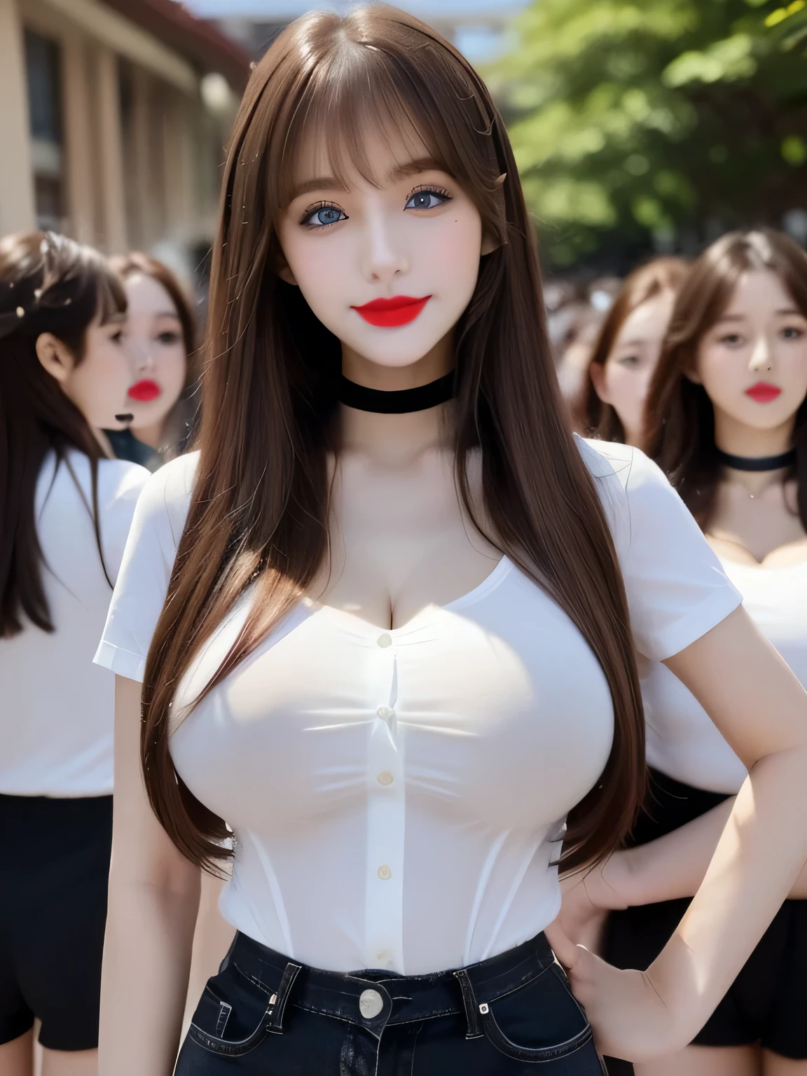 crowd, Many women, Crowded, Long Hair, Brown Hair, sexy, ((A line of women, Women waiting in line, Girls only)), Sisters, ((Tight ivory white shirt)),Full body photo:1.9, Adorable, smile, Slim face, Slim body, 32k, masterpiece, Best image quality,Ultra-high resolution,Perfect hands,Black Choker、blue eyes、bangs、Very lush and long eyelashes, Lots of girls、((Big Breasts)), Dependents, Big Breasts, Red lipstick、Student dormitory、Pan Focus