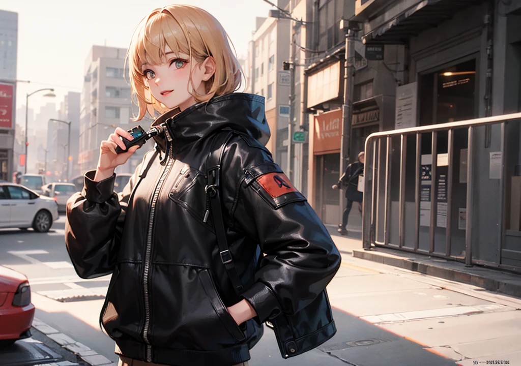Realistic photos, Focus distance 10mm, A big smile, Curly blonde hair, Beautiful girl, Realistic photos, Focus distance 10mmで撮影, masterpiece, 最high quality, high quality, Very detailed CG 8k wallpaper unit, Award-winning photography, Bokeh, Depth of written boundary, High resolution, bloom, chromatic aberration, Realistic, Very detailed, Art Station Trends, CGsociety Trends, Complex, High detail, dramatic, Art on the go, volumetric lighting, Final Fantasy style beautiful girl、Golden Eyes、Platinum bob cut、Futuristic mechanical knight outfit、Cyberpunk city in the background