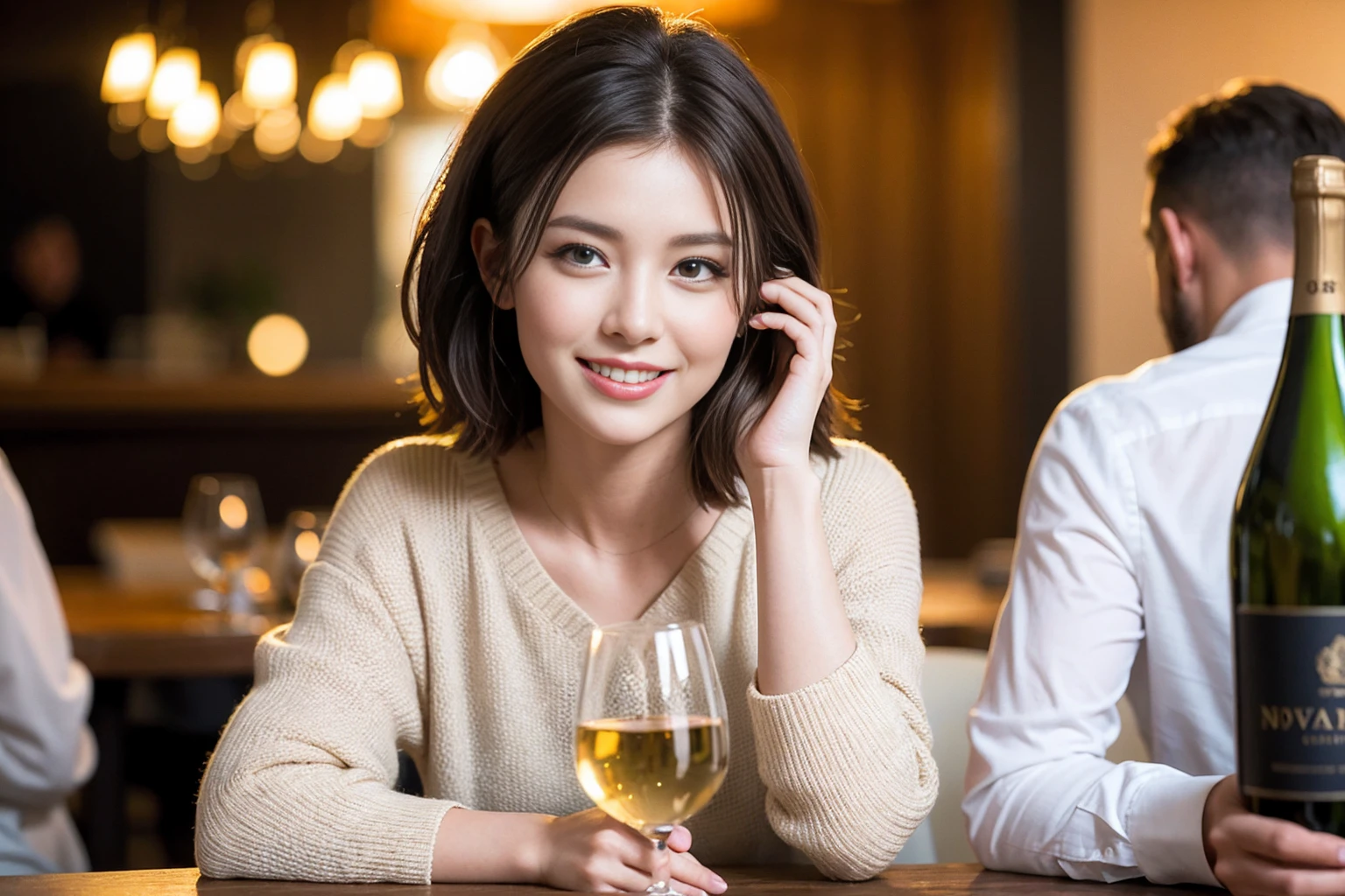 ((Highest quality、8K、masterpiece:1.3))、cute、slimカップル、modelカップル、(Realistic, Intricate details:1.2), full-course dinner、Wine Party、Amazing view of the sunset sky and clouds、A bright smile、The wonderfulness of smile、Bright image、The beauty of wine, Beautiful Face, blue eyes, The light shines on your face, Blushing, short hair,Bright Face、 (Age 37), Age 34, red wine 、Appetizers、Italian food、Wine bottle、Champagne、sparkling wine、Two beauties、Brown Hair、Shortcuts、Long sleeve shirt、dress、Beautiful woman 1, (slimな顔), (The body is slim), (Brown Hair), (Shortcuts), cheeks turn a little red,Attractive beauty、restaurant, In a prominent place (From the waist up) Nova Frog Style, actress, model, Upper Body, White wine, slim, wine glass, 中央に置かれたwine glass, smile, (smile: 1.15), Beautiful fine grain, Depth f/2,saturation, High Contrast, Strong light and shadow,Moist Body:1.5、3D texture、Delicate eyes、Brown Hair、The hair is very shiny、