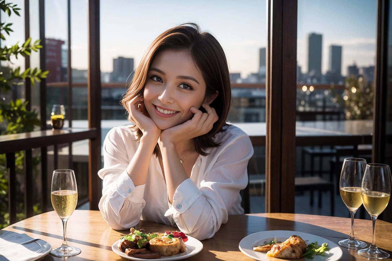 ((Highest quality、8K、masterpiece:1.3))、cute、slimカップル、modelカップル、(Realistic, Intricate details:1.2), full-course dinner、Wine Party、Amazing view of the sunset sky and clouds、A bright smile、The wonderfulness of smile、Bright image、The beauty of wine, Beautiful Face, blue eyes, The light shines on your face, Blushing, short hair,Bright Face、 (Age 37), Age 34, red wine 、Appetizers、Italian food、Wine bottle、Champagne、sparkling wine、Two beauties、Brown Hair、Shortcuts、Long sleeve shirt、dress、Beautiful woman 1, (slimな顔), (The body is slim), (Brown Hair), (Shortcuts), cheeks turn a little red,Attractive beauty、restaurant, In a prominent place (From the waist up) Nova Frog Style, actress, model, Upper Body, White wine, slim, wine glass, 中央に置かれたwine glass, smile, (smile: 1.15), Beautiful fine grain, Depth f/2,saturation, High Contrast, Strong light and shadow,Moist Body:1.5、3D texture、Delicate eyes、Brown Hair、The hair is very shiny、