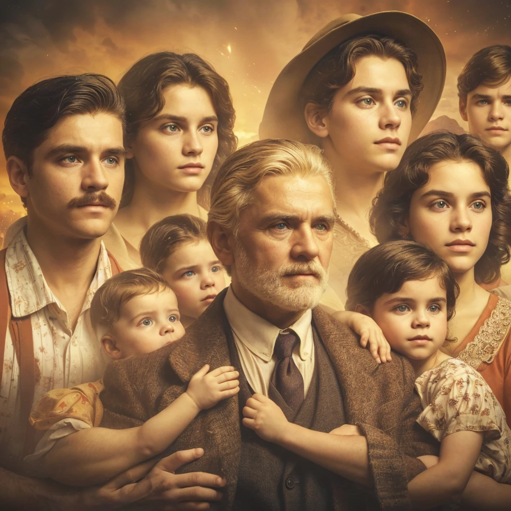 there are many people and a baby in this picture, movie promotional image, key art, by Artur Tarnowski, film still promotional image, inspired by Francisco Oller, official poster, inspired by László Beszédes, by Oscar Rodríguez Naranjo, nostalgic 8k, inspired by Ceferí Olivé
