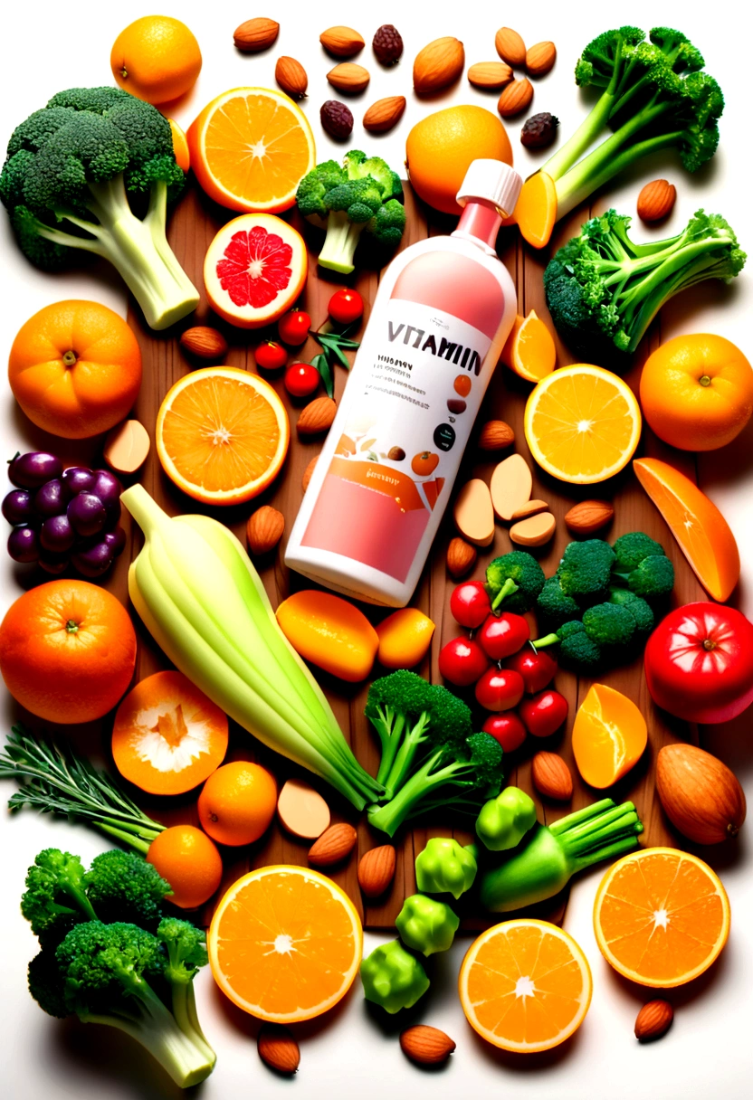 A sleek, modern bottle labeled 'Biocap Vitamin' with vibrant colors, showcasing a burst of assorted fruits and vegetables, representing multivitamins and multiminerals. The bottle is surrounded by fresh, healthy foods like oranges, broccoli, and almonds, all set against a clean, white background. The image exudes a sense of health, vitality, and wellness, side elevation views