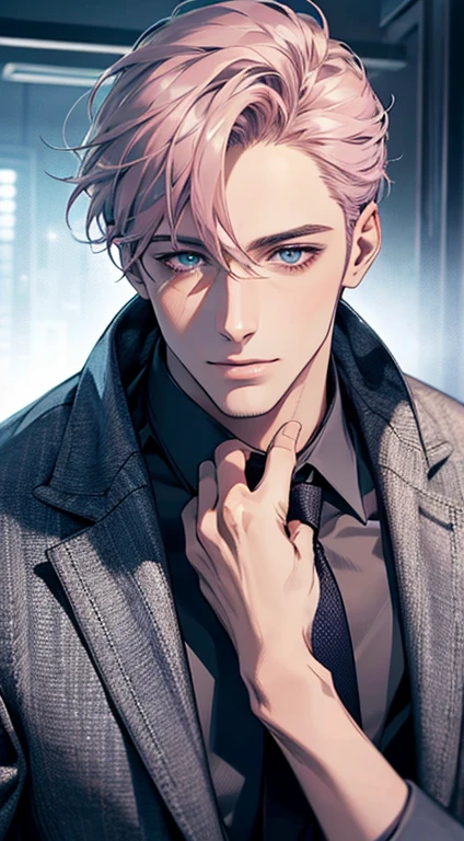 (Highest quality,4K,8K,High resolution,masterpiece:1.2),Super detailed,(Realistic,photoRealistic,photo-Realistic:1.37),1 person,31 years old,Mature Men,Beautiful skin、very handsome,Expressionless,smile,Short gray pink hair,blue eyes,Sharp Eyes,A perfect face without a doubt,Businessman,Office Background,Cinema Lighting,HDR image,tie、
