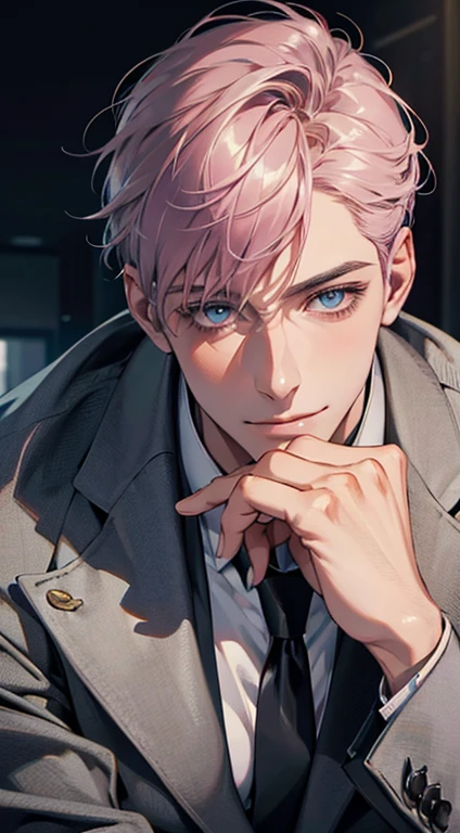 (Highest quality,4K,8K,High resolution,masterpiece:1.2),Super detailed,(Realistic,photoRealistic,photo-Realistic:1.37),1 person,31 years old,Mature Men,Beautiful skin、very handsome,Expressionless,smile,Short gray pink hair,blue eyes,Sharp Eyes,A perfect face without a doubt,Businessman,Office Background,Cinema Lighting,HDR image,tie、
