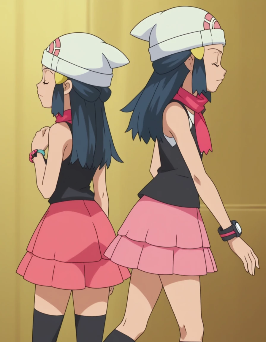 score_8, score_7_up, score_6_up, source_anime, anime screencap, pokemondawn,, pokemon dawn, black hair, closed eyes, sidelocks, long hair, bare shoulders, beanie, black shirt, black socks, bracelet, hat, jewelry, kneehighs, miniskirt, pink skirt, red scarf, scarf, shirt, skirt, sleeveless, sleeveless shirt, white headwear, standing, ass, bare ass, ass focus, side view, from the side, walking, lower body, butt,