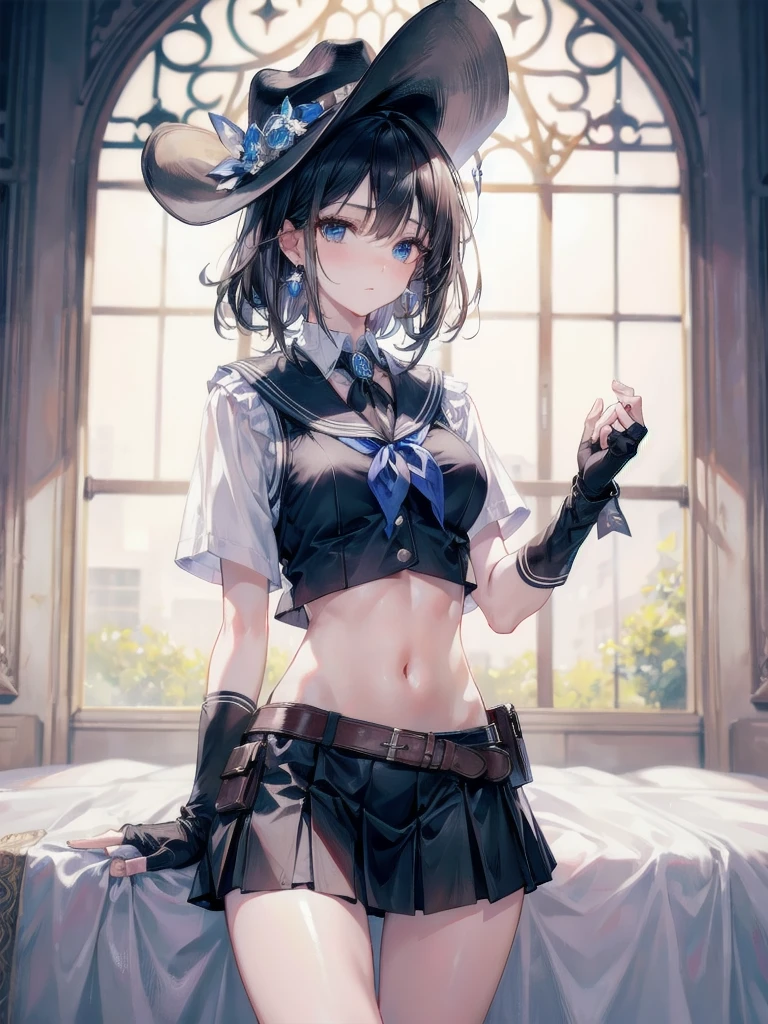 absurdres, RAW photo, extremely delicate and beautiful, masterpiece, Best Quality, ultra high resolution, 32k, hyperrealistic, ultra-detailed, delicate facial features, beautiful detailed woman, tearful mole, earring, medium breasts, full body shot, medium hair, black hair, cowgirl costume, vest, cowboy hat, fingerless gloves, midriff, neckerchief, short skirt, holster,