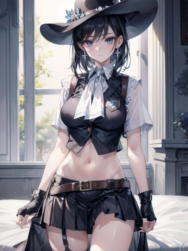 absurdres, RAW photo, extremely delicate and beautiful, masterpiece, Best Quality, ultra high resolution, 32k, hyperrealistic, ultra-detailed, delicate facial features, beautiful detailed woman, tearful mole, earring, medium breasts, full body shot, medium hair, black hair, cowgirl costume, vest, cowboy hat, fingerless gloves, midriff, neckerchief, short skirt, holster,