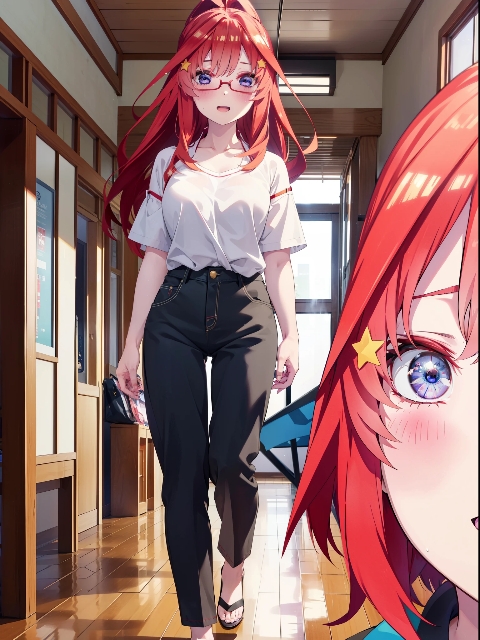 itsukinakano, itsuki nakano, bangs, blue eyes, Hair between the eyes, Ahoge, Redhead, star \(symbol\), hair ornaments, star hair ornaments,smile,blush,Open your mouth,ponytail,Red-rimmed glasses,Cold Shoulder Shirt,Short sleeve,skinny pants,Stiletto heels,Walking,whole bodyがイラストに入るように,
break indoors, School,廊下
break looking at viewer, whole body,
break (masterpiece:1.2), Highest quality, High resolution, unity 8k wallpaper, (figure:0.8), (Beautiful attention to detail:1.6), Highly detailed face, Perfect lighting, Highly detailed CG, (Perfect hands, Perfect Anatomy),