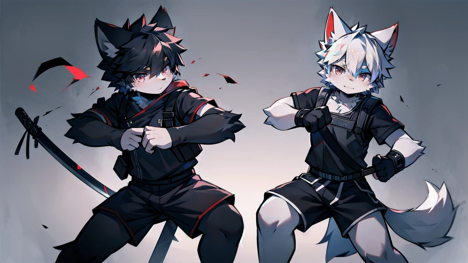 White Wolf,black hair,Red eyes,Wolf ears,Wolf Tail,juvenile,male,hairy,Hair,Half body armor,Combat uniform,Silver and black clothing,Handsome,Handsome,shorts,The forearm is exposed,leg,Fighting Stance,Duel,Two people,Anxious,Armed with a sword,Simple background,Swords