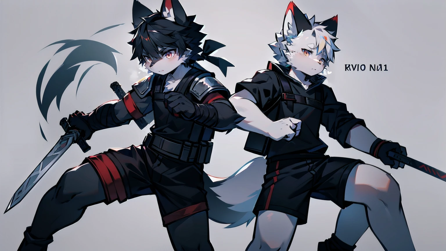 White Wolf,black hair,Red eyes,Wolf ears,Wolf Tail,juvenile,male,hairy,Hair,Half body armor,Combat uniform,Silver and black clothing,Handsome,Handsome,shorts,The forearm is exposed,leg,Fighting Stance,Duel,Two people,Anxious,Armed with a sword,Simple background,Swords