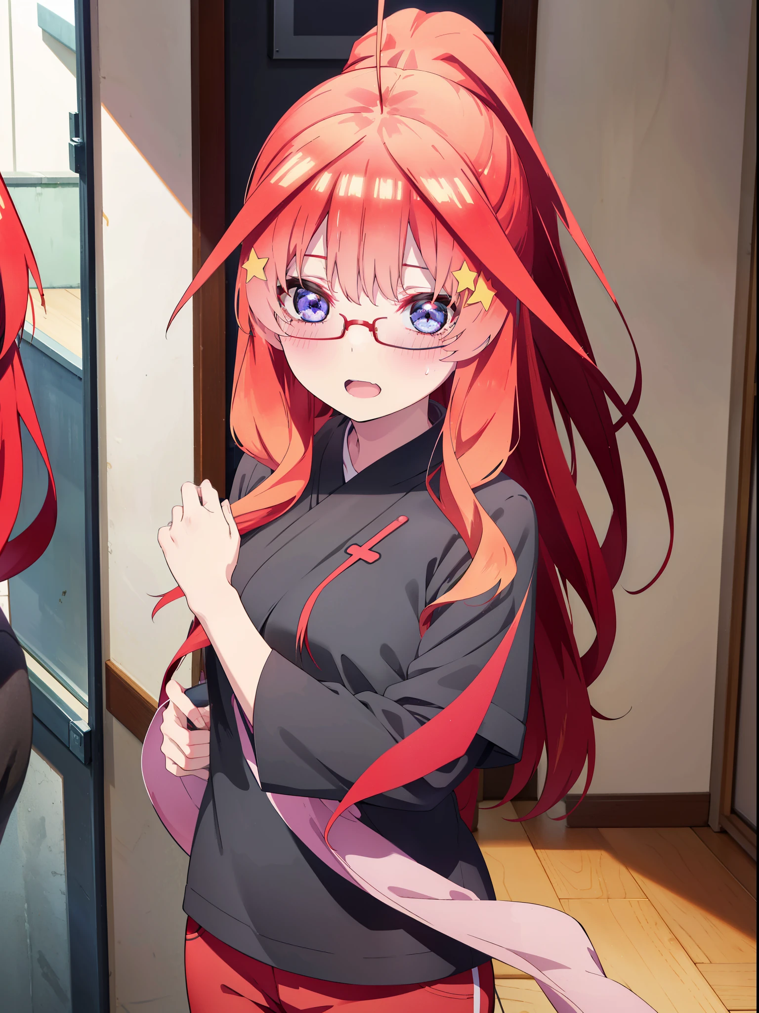 itsukinakano, itsuki nakano, bangs, blue eyes, Hair between the eyes, Ahoge, Redhead, star \(symbol\), hair ornaments, star hair ornaments,smile,blush,Open your mouth,ponytail,Red-rimmed glasses,Cold Shoulder Shirt,Short sleeve,skinny pants,Stiletto heels,Walking,whole bodyがイラストに入るように,
break indoors, School,廊下
break looking at viewer, whole body,
break (masterpiece:1.2), Highest quality, High resolution, unity 8k wallpaper, (figure:0.8), (Beautiful attention to detail:1.6), Highly detailed face, Perfect lighting, Highly detailed CG, (Perfect hands, Perfect ???????),