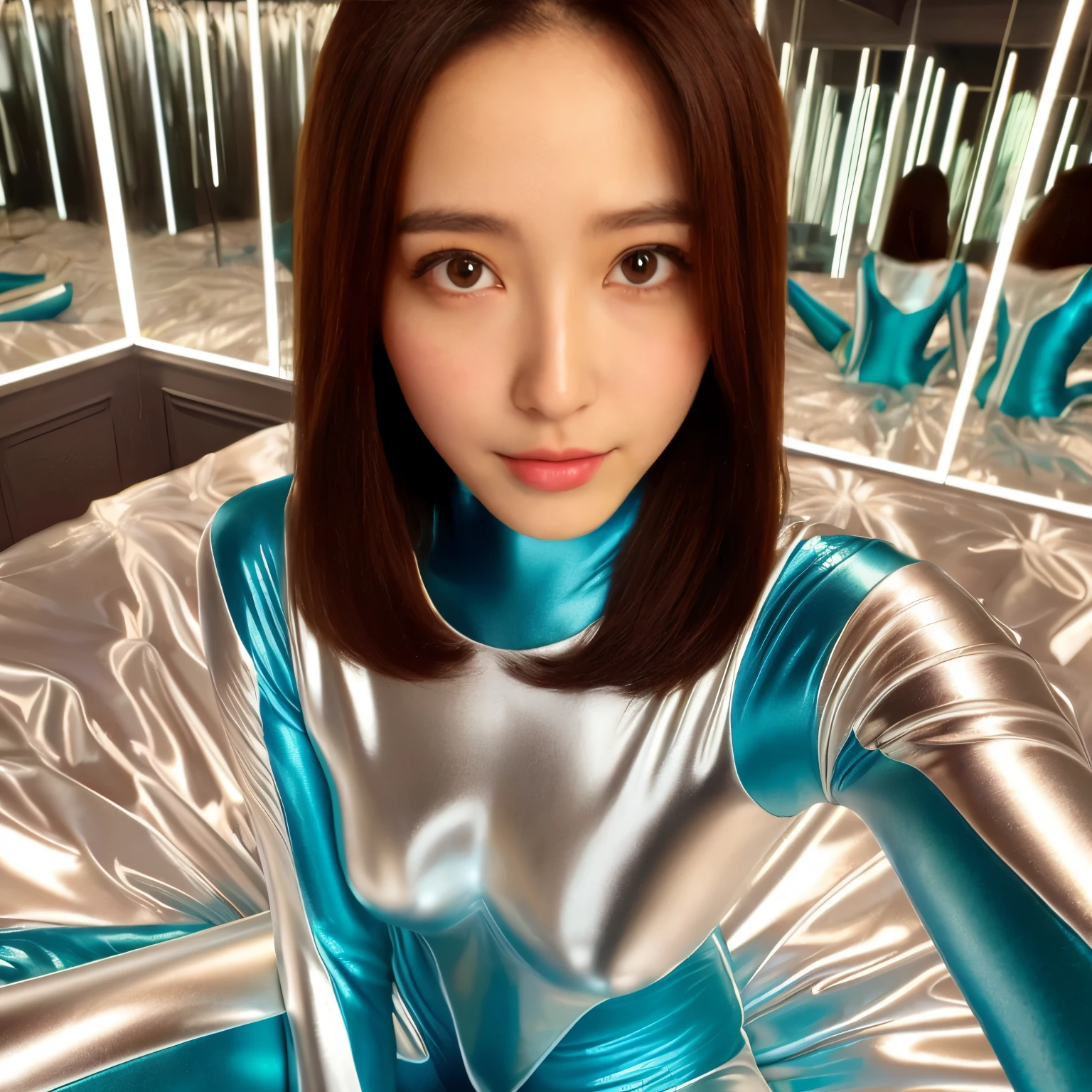 best image quality、Super high resolution、(realism:1.4)、Korean beauty star、The most beautiful KPOP star、horny face、Horny Korean makeup、erotic expression、A body that makes you want to touch it、erotic photos、((Realistic shiny satin fabric texture、High-gloss stretch satin fabric that is smooth and smooth to the touch.、The drape of the curved part of the shiny satin fabric、strong shiny costume、The smooth and beautiful quality and luster of the costumes、A shiny costume made of high-quality satin fabric with high density.、Smooth to the touch oil light liang ultra-class battleship skin coat COS、Super SentaiWomen&HeroineSuit、Texture of costumes that satin fetishists respond to、Thin, glossy stretch satin fabric)),8K photo quality