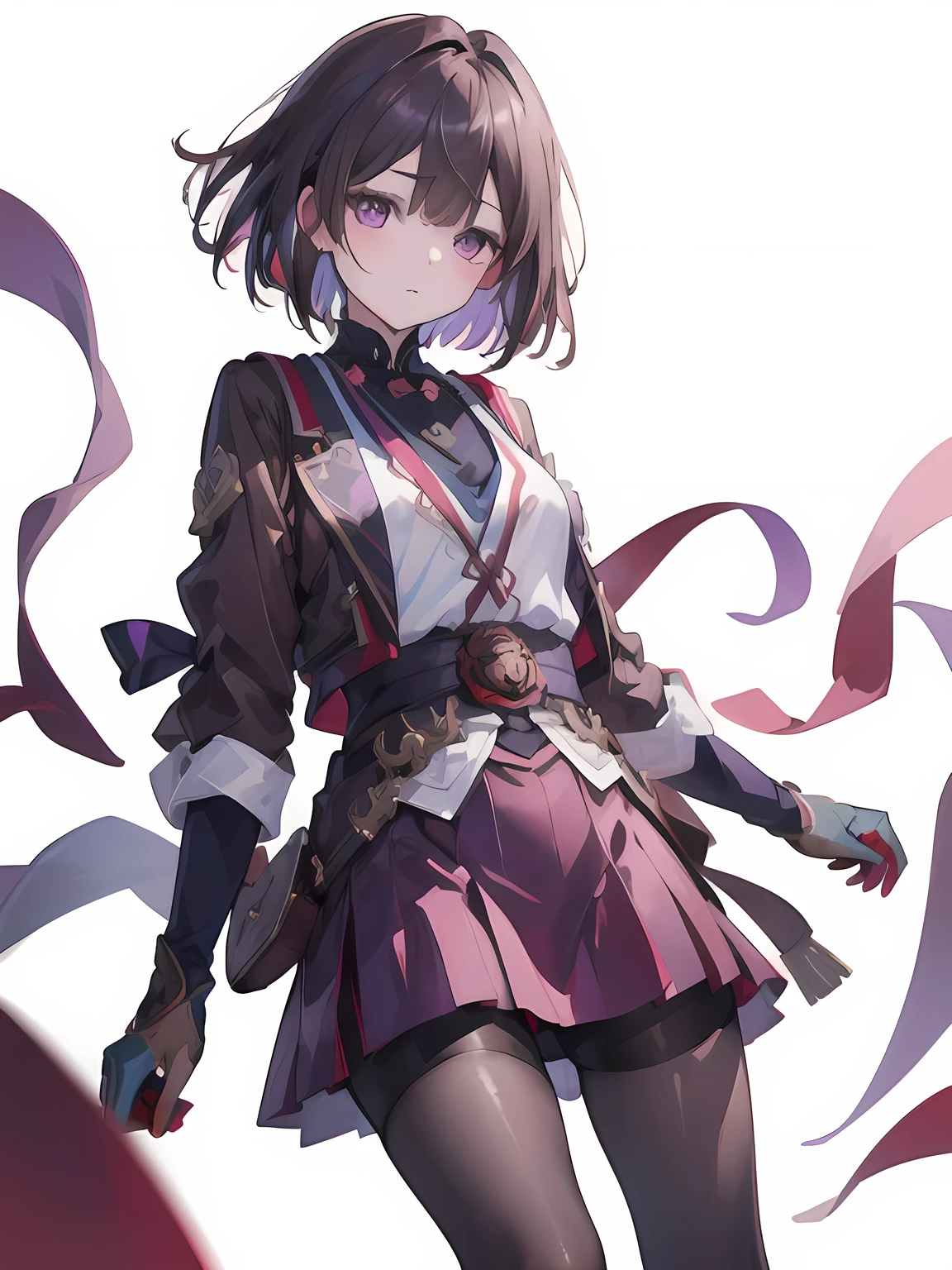 ((masterpiece, best quality)), highres, 1girl, xueyi, (short brown hair, purple eyes), brown jacket, short skirt, tights, white background