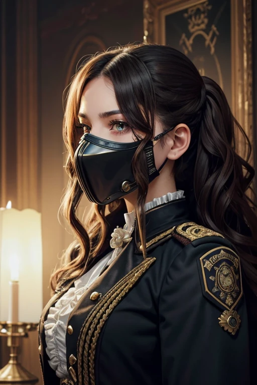 A young woman, with long curly hair, wearing a Victorian Steampunk style mask, that covers a large part of your face. She wears a formal female military uniform(without exaggeration or fantasy).