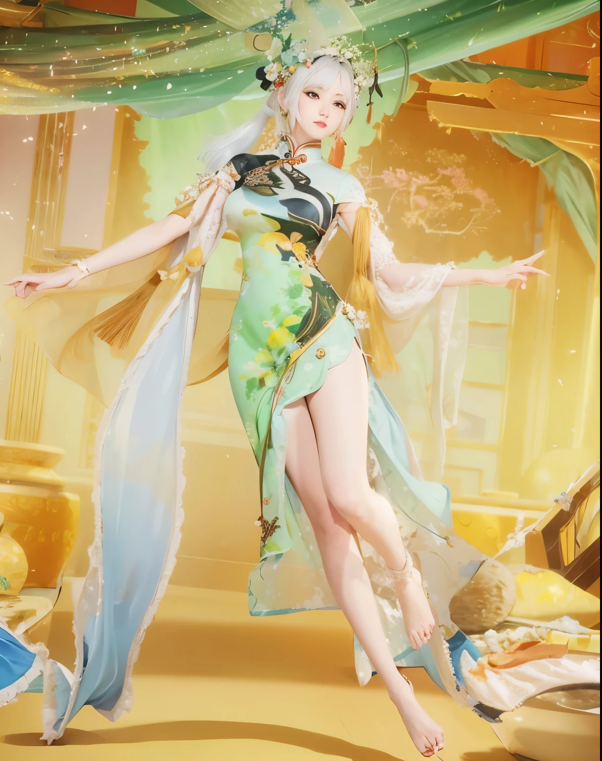 8K, 1.4 times more realism,Ultra HD, High Detail, Super eye details,cheongsam,White hair,Long legs