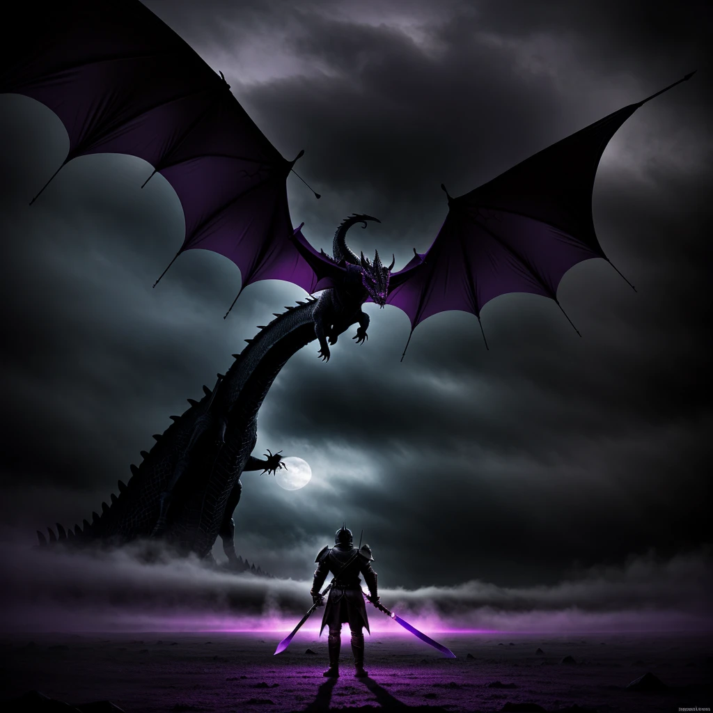 In a desolate and gloomy place full of purple fog, the black silhouette of a knight carrying a sword is seen, standing in front of a creature with black scales and beautiful purple eyes, the creature resembles a dragon, like a movie from the 1970s
