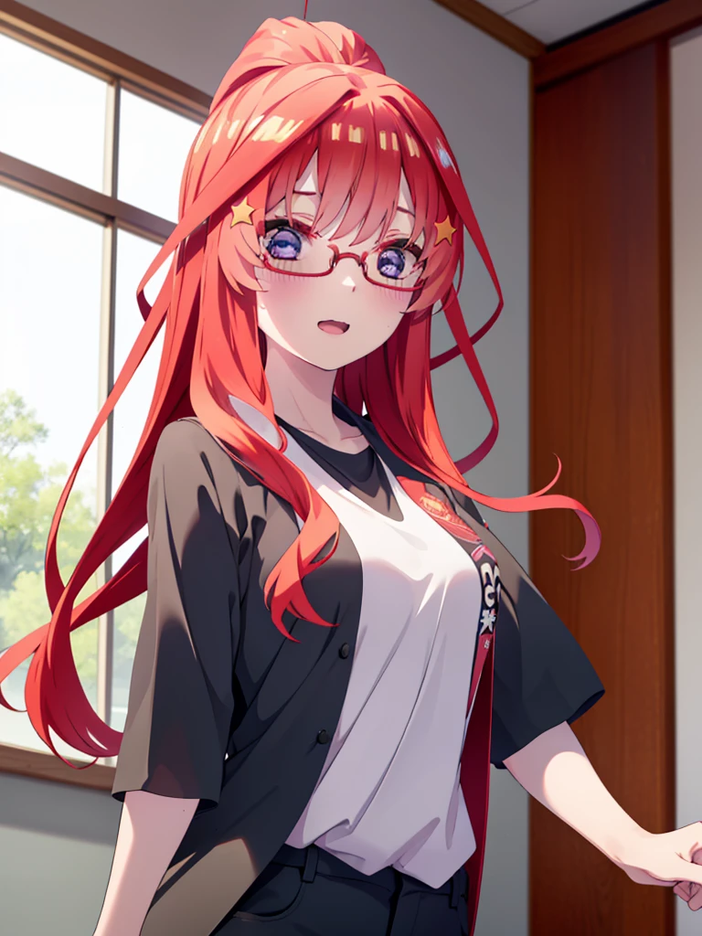 itsukinakano, itsuki nakano, bangs, blue eyes, Hair between the eyes, Ahoge, Redhead, star \(symbol\), hair ornaments, star hair ornaments,smile,blush,Open your mouth,ponytail,Red-rimmed glasses,Cold Shoulder Shirt,Short sleeve,skinny pants,Stiletto heels,Walking,whole bodyがイラストに入るように,
break indoors, School,廊下
break looking at viewer, whole body,
break (masterpiece:1.2), Highest quality, High resolution, unity 8k wallpaper, (figure:0.8), (Beautiful attention to detail:1.6), Highly detailed face, Perfect lighting, Highly detailed CG, (Perfect hands, Perfect Anatomy),