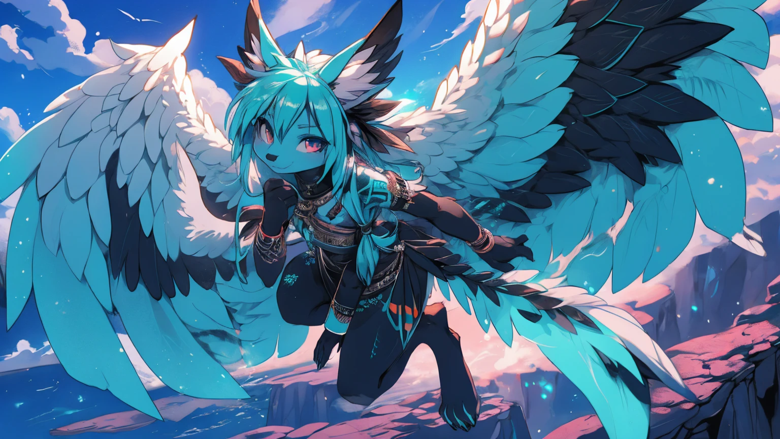 Miku Hatsune, add high definition_detail:1, blue fur,kitsune ears, tribal tattoo add_detail:1, in a ruins in the jungle, barefoot, the same, giant aqua feather wings add_detail:1 ,alas hermosas la mejor calidad y detail en las plumas, add blue saturation light_detail 