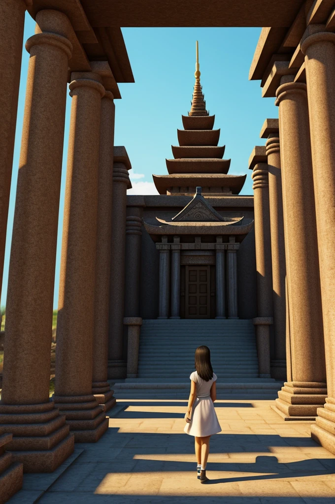 A new girl goes on old temple.3d cartoon