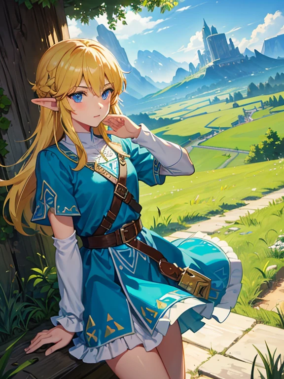 Impressionism,Rainerism,The Legend of Zelda, Hero Link with the Master Sword in hand、A scene looking out over the land of Hyrule。In the background is a vast grassland and Death Mountain in the distance.、There&#39;s a bright light in the sky。Link looks brave.、Confident。