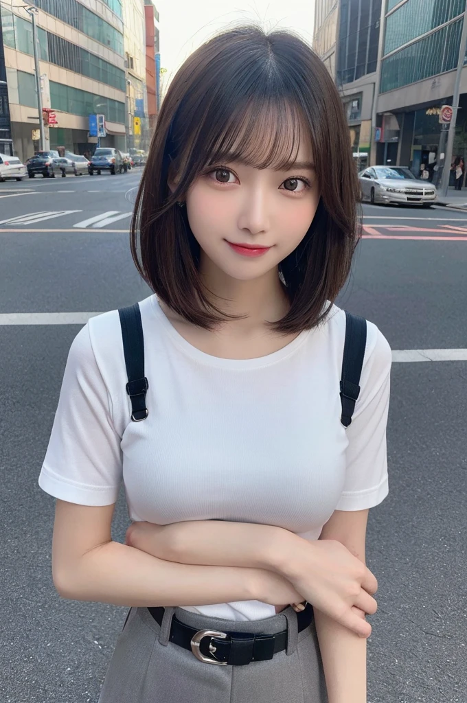 (8k, RAW photo, top quality, masterpiece: 1.2), (realistic, photorealistic: 1.37), three-dimensional, ultra detail, ultra high resolution, one girl, beholder, beautiful detailed face, smile, constriction, (slim waist), beautiful detailed skin, skin texture, floating hair, professional lighting, Japanese beautiful girl, medium hair, bob cut beautiful hair, 20 years old, attractive breasts, (huge breasts:1.2), full body from toes to head, standing, Shift gaze away, gaze into the distance, Sibuya city, slightly smiles, bracelet, earing, gray slacks, white tight small T-shirts, belt, separate