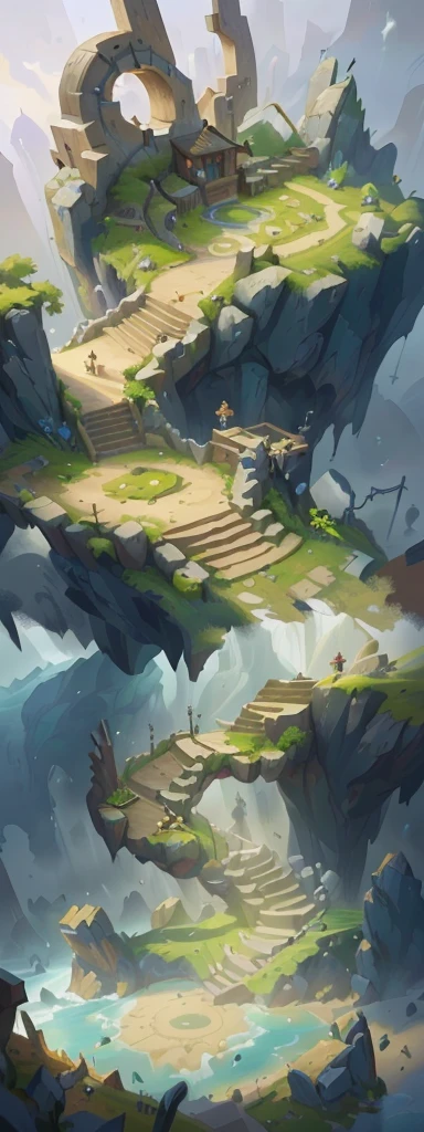 There is a number，There is an island with stairs in the painting, odin's stone Arena Background, stylized Concept Art, Arena Background, riot games Concept Art, painted as a game Concept Art, background technology, league of legends Concept Art, environment Concept Art, 2D Game Environment Design, Isometric Game Art, Dungeon Background, Background of the site, game Concept Art, Concept Art