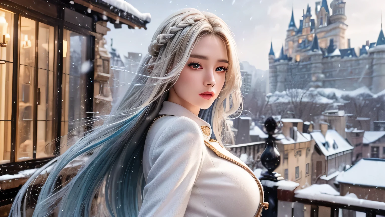 (highest resolution, distinct_image), realistic, Best quality, beautiful girl face, single person, one girl, solo, masterpiece, highly detailed, realistic, long hair, braided white blond hair, ((blue-colored military uniform underneath the coat)), depth of field, outdoor background, (falling snow), ((big breasts)), authoritative, dignified, calm and powerful expression, ambient lighting, exquisite facial feature, (fur-trimmed white coat), open coat, short skirt, looking at viewer, head to waist, (((castle, terrace))), background: 1.2, dynamic angle, light smile, detailed background, ((from front)), full body