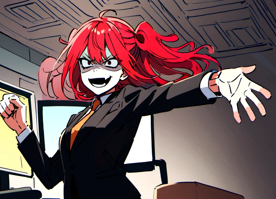 Red hair, black suit, punch, scary smile, office, throw computer