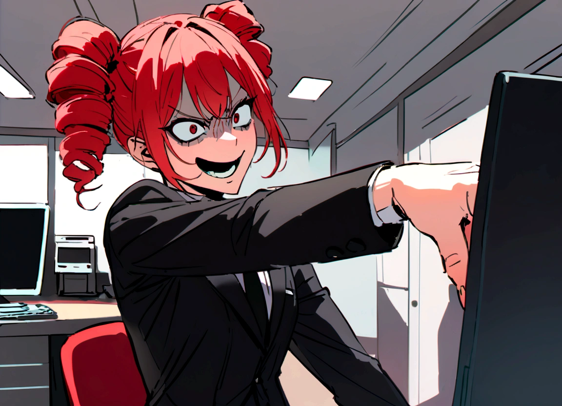 Red hair, black suit, punch, scary smile, office, throw computer