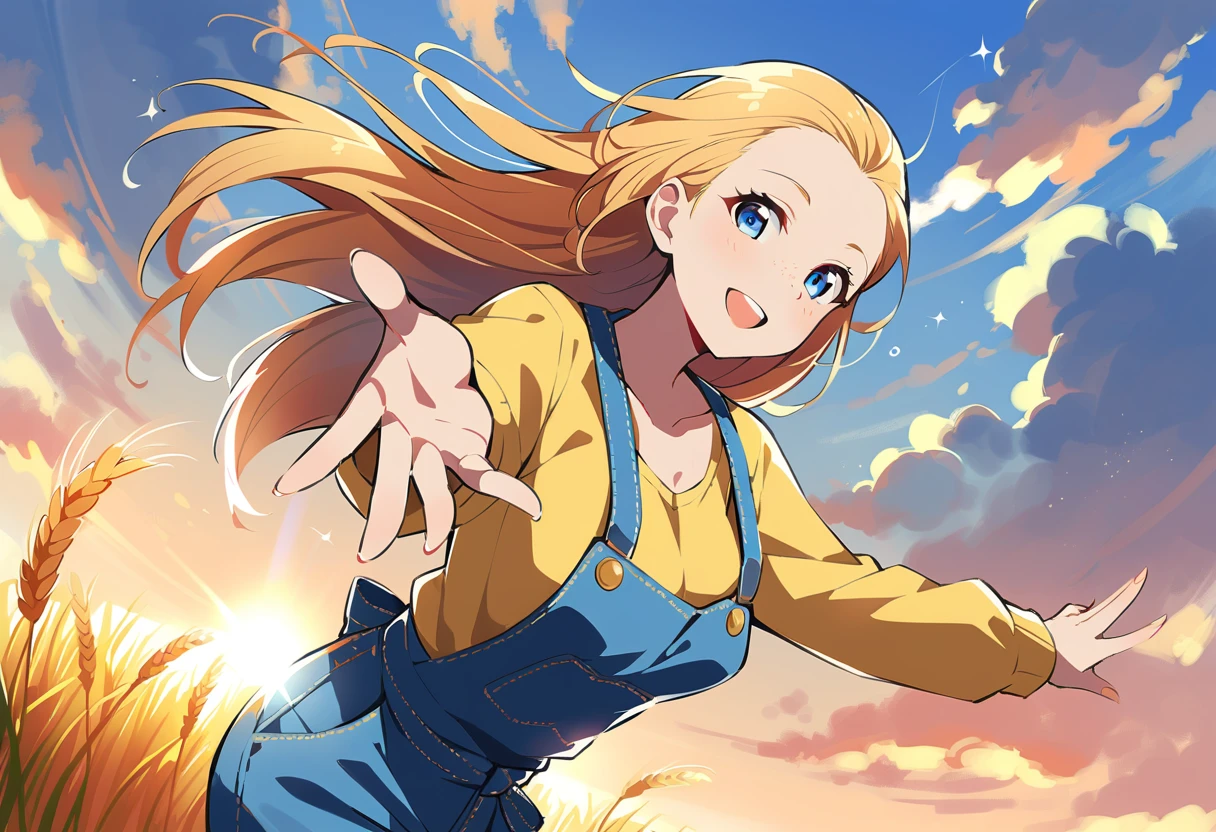 sparkle, sunbeam, light rays, pewarnaan character, visual illustration, @ANN, aged up, 1girl, solo, (overalls), outdoors, sky, wheat, field, (blue overalls), smile, blue eyes, wheat field, looking at viewer, breasts, long sleeves, yellow shirt, orange hair, cowboy shot, collarbone, collared shirt, cleavage, denim, upper teeth only, blonde hair, very long hair, medium breasts, forehead, standing, braided ponytail, single braid, teeth, oversized clothes, medium hair, short hair, partially unbuttoned, pants, oversized shirt, buttons, head tilt, flat chest, hair ribbon, white bow, tomboy, round teeth, plaid shirt, denim overalls, mature female, tall, tall female, slim body, freckles, twilight, cloudy sky, scenery, reaching, grass, floating hair, sunset, cloud, scenery, hair pulled back, highres, 4k, 8k, ann \(harvest moon\), ran \(bokujou monogatari\)