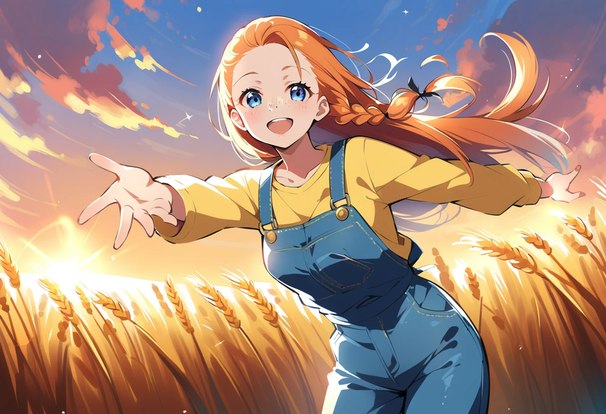 sparkle, sunbeam, light rays, pewarnaan character, visual illustration, @ANN, aged up, 1girl, solo, (overalls), outdoors, sky, wheat, field, (blue overalls), smile, blue eyes, wheat field, looking at viewer, breasts, long sleeves, yellow shirt, orange hair, cowboy shot, collarbone, collared shirt, cleavage, denim, upper teeth only, blonde hair, very long hair, medium breasts, forehead, standing, braided ponytail, single braid, teeth, oversized clothes, medium hair, short hair, partially unbuttoned, pants, oversized shirt, buttons, head tilt, flat chest, hair ribbon, white bow, tomboy, round teeth, plaid shirt, denim overalls, mature female, tall, tall female, slim body, freckles, twilight, cloudy sky, scenery, reaching, grass, floating hair, sunset, cloud, scenery, hair pulled back, highres, 4k, 8k, ann \(harvest moon\), ran \(bokujou monogatari\)