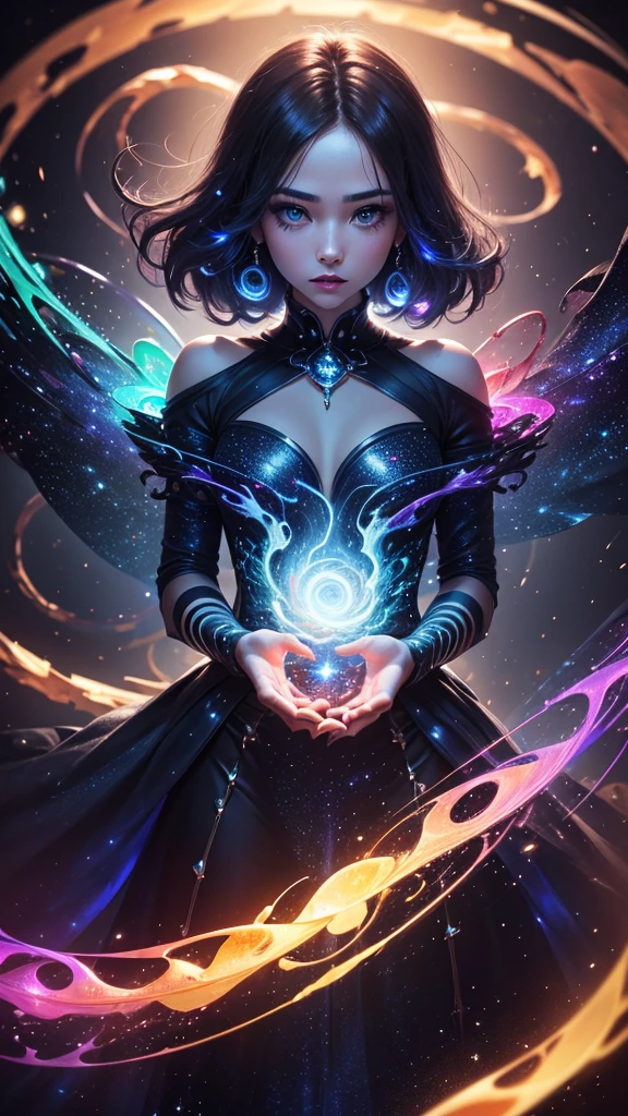 (masterpiece、Highest quality、beautiful:1.2)、(Super beautiful art:1.2)、1 Girl、 (Sapphire blue round eyes、Cosmic Eyeshadow Color、Enchanting eyelashes)、Dark gloss lip、Fair face、A strong gaze gazes upon the galaxy、Transparent, shiny skin、Fair Hand、Mysterious and enchanting atmosphere、Best Abstract Art、Surreal、A chaos of overlapping bright and transparent holographic colors of blue and green light.、Glowing particles scattering、(Spiral Stroke:1.2)、Spectacular galactic background