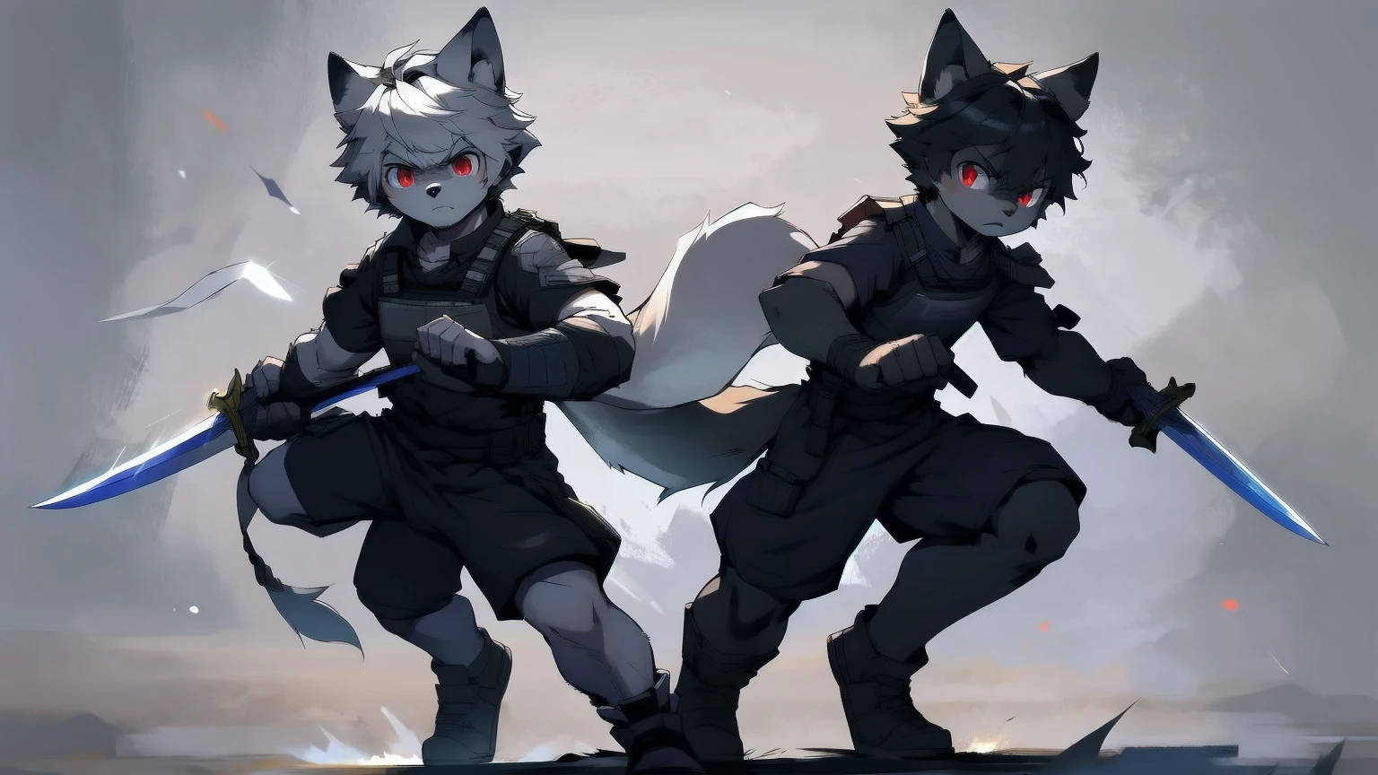 White Wolf,black hair,Red eyes,Wolf ears,Wolf Tail,juvenile,male,hairy,Hair,Half body armor,Combat uniform,Silver and black clothing,Handsome,Handsome,shorts,The forearm is exposed,leg,Fighting Stance,Duel,Two people,Anxious,Armed with a sword,Simple background,Swords