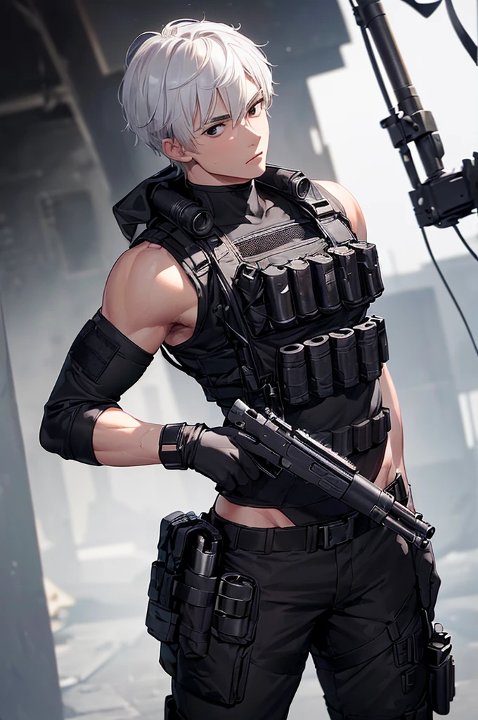 (masterpiece; best quality: 1.2), (finely detailed eyes: 1.3), ((25 year old man)), ((solo)), (black eyes: 1.4), (body; wiry, fit, masculine: 1.3), (short white hair: 1.3), (beautiful and clear background: 1.2), ((depth of field)), (equipment: spec ops full black tactical gear + black gloves + holstered gun + pouches: 1.3), (anime illustration: 1.2), (background composition; military base office: 1.1), (extremely fine and handsome: 1.1), (shot composition; standing + centered on torso + close-up: 1.5), (expression; calm, stoic: 1.2)