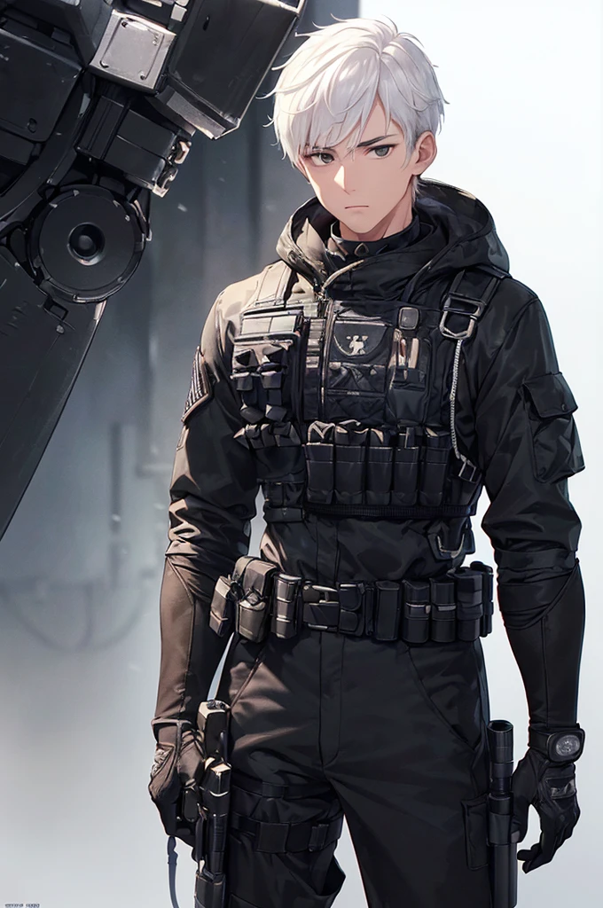 (masterpiece; best quality: 1.2), (finely detailed eyes: 1.3), ((25 year old man)), ((solo)), (black eyes: 1.4), (body; wiry, fit, masculine: 1.3), (short white hair: 1.3), (beautiful and clear background: 1.2), ((depth of field)), (equipment: spec ops full black tactical gear + black gloves + holstered gun + pouches: 1.3), (anime illustration: 1.2), (background composition; military base office: 1.1), (extremely fine and handsome: 1.1), (shot composition; standing + centered on torso + close-up: 1.5), (expression; calm, stoic: 1.2)