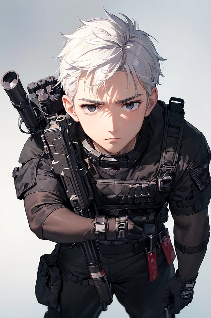 (masterpiece; best quality: 1.2), (finely detailed eyes: 1.3), ((25 year old man)), ((solo)), (black eyes: 1.4), (body; wiry, fit, masculine: 1.3), (short white hair: 1.3), (beautiful and clear background: 1.2), ((depth of field)), (equipment: spec ops full black tactical gear + black gloves + holstered gun + pouches: 1.3), (anime illustration: 1.2), (background composition; military base office: 1.1), (extremely fine and handsome: 1.1), (shot composition; standing + centered on torso + close-up: 1.5), (expression; calm, stoic: 1.2)