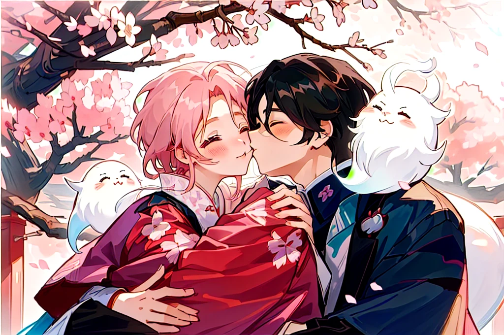 Cartoon couple in traditional costumes hugging under cherry blossom tree, Sasura, Cherry Blossom Season, Sakura Haruno, Nixon and Sakimchan, Kiss cutely, Goto Koharu, Anime Cover, Ghost Festival, Pixif, Cute couple, Official Fanart, Japan, Happy!!!, trending on Pixif