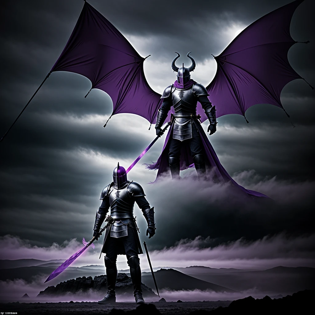 In a desolate and gloomy place full of purple fog, the black silhouette of a knight carrying a sword is seen, standing in front of a creature with black scales and beautiful purple eyes, the creature resembles a dragon, like a movie from the 1970s