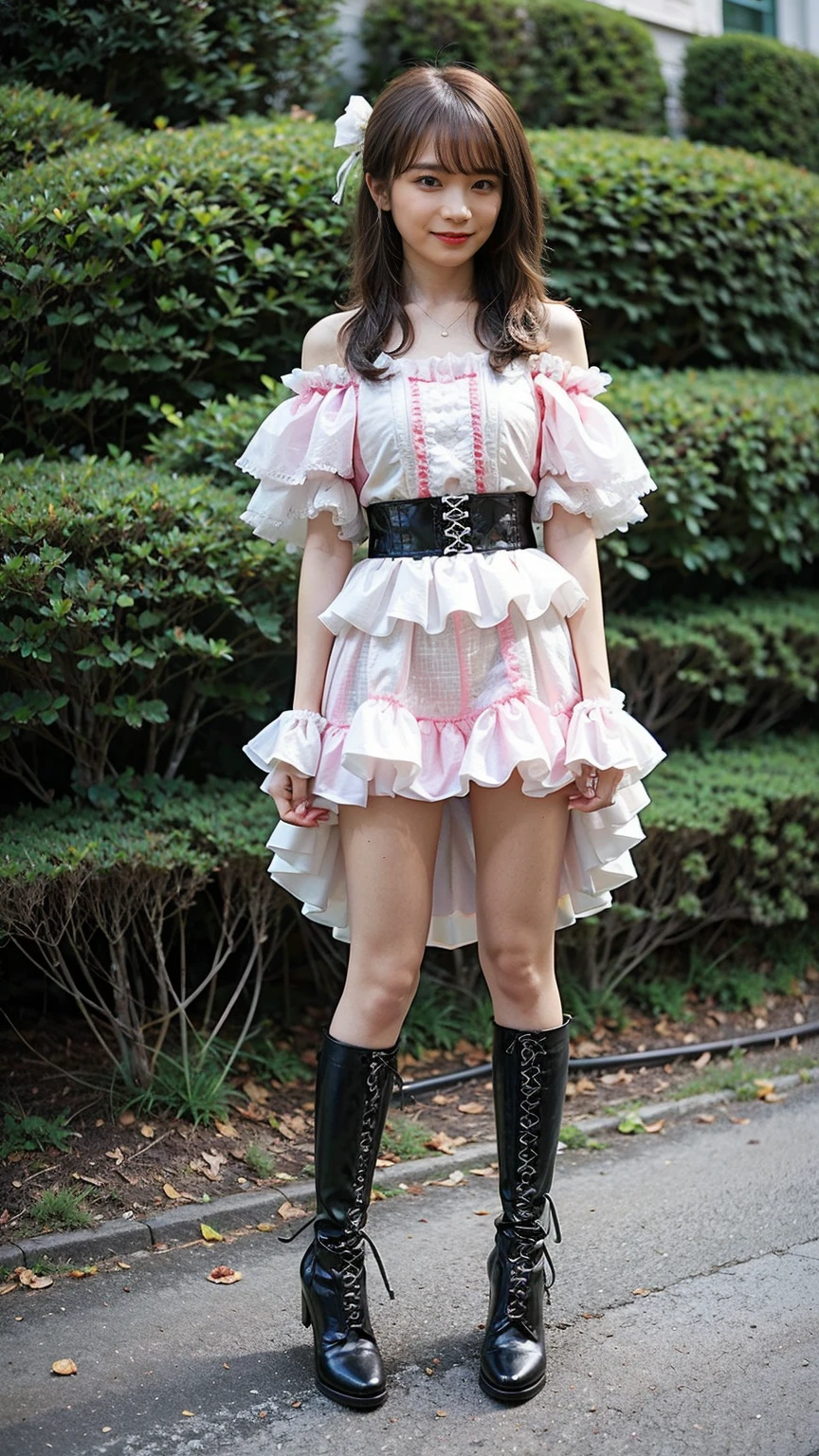(8K、RAW Photos、Highest quality、masterpiece:1.2)、(Realistic、Realistic)、1 Girl、((Long dress、Off the shoulder、Twin tails、ribbon、See-through、smile、Black and Pink、Thin legs、whole body、boots、tights、garden、View from the front、Looking into the camera、belt、Stand with hands on hips))、cute