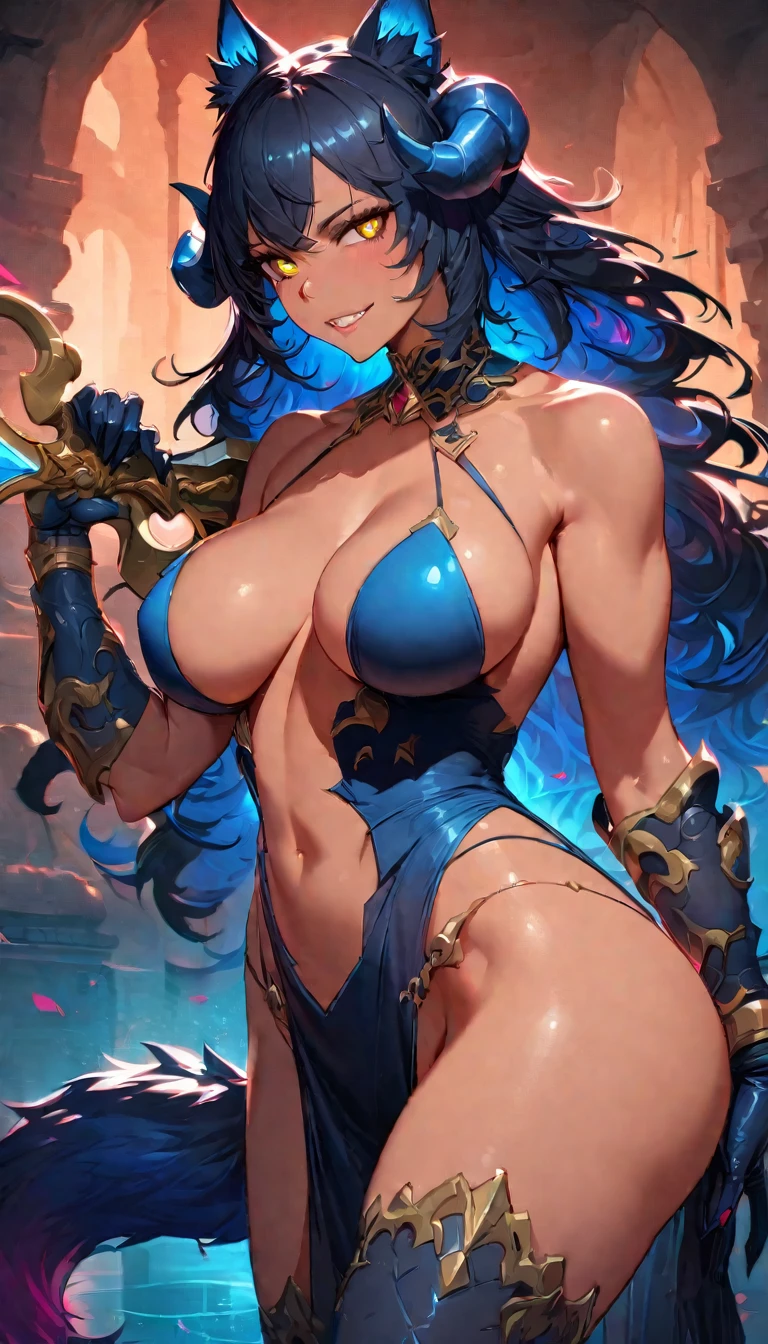 best quality,4k,8k, highres, masterpiece:1.2), ultra-detailed, extremely detailed eyes, extremely detailed body, (large masterpiece digital art), (detailed manga illustration), (detailed line art), ((perfect anatomy)), (intricate details:1.3), (ultra-detailed:1.3), (illustration:1.3), (sharp focus:1.3), (natural lighting:1.05), (vivid colors:1.3), (masterpiece), (best quality:1.4), (perfect anatomy:1.4), high quality, expressive eyes, full body, detailed face, beautiful face, perfect face, 1girl, ((dark skin)), animal ears, black sclera, smile, colored sclera, breasts, solo, monster girl, black hair, (wolf ears), large breasts, curvy, wide hips, long hair, ((gold eyes)), claws, grin, fur, looking at viewer, collar, ((dynamic action pose)), tail, (wolf tail), {(dragon horns)}, demon horns, wings, sadistic smile, hair over eye, {regal outfit}, tiny crown, blue fire, curvy, sexy dress, dark skin, cinematic lighting, dramatic atmosphere, Beautiful woman, dragon spear in hand, Jeff Bridges, ((cartoon style)), Marvel Cinematic Universe style, (((hell castle in the background))), soft bokeh of hellscape, Atey Ghailan, Jeremy Mann, Greg Manchess, Antonio Moro, trend in ArtStation, trend in CGSociety, Intricate, High Detail, Sharp focus, dramatic and photorealistic painting art by Midjourney and Greg Rutkowski,