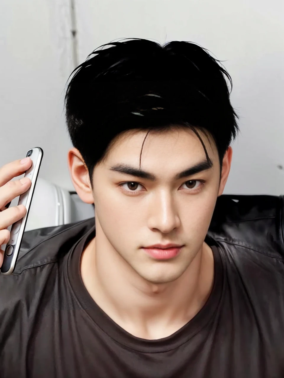 masterpiece, 1boy, adult, handsome, black hair, undercut hair, perfect face, detailed eyes and face, black eyes, clean shaved, muscular, capturing a rural atmosphere, dynamic lighting, unreal engine 5, hd picture, hold the cellphone