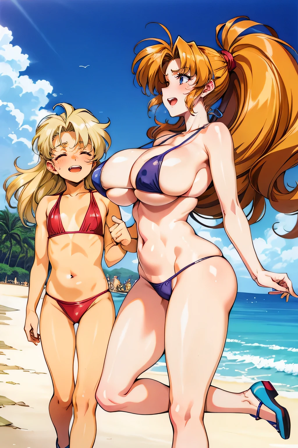 Highest quality, Very detailed, High resolution, 1990s_(style), retro artstyle, 1990s anime cels style, Vibrant colors, (Flat Color:1.2), Beach, crowd, One woman is 46 years old.., Mature Woman, Mature Woman, (Huge breasts:1.2), sl1ngsh07, White Slingshot Bikini, blonde, Wavy Hair, blue eyes, Big eyes, smile,Open your mouth, From the side, avert your eyes, running, Wind