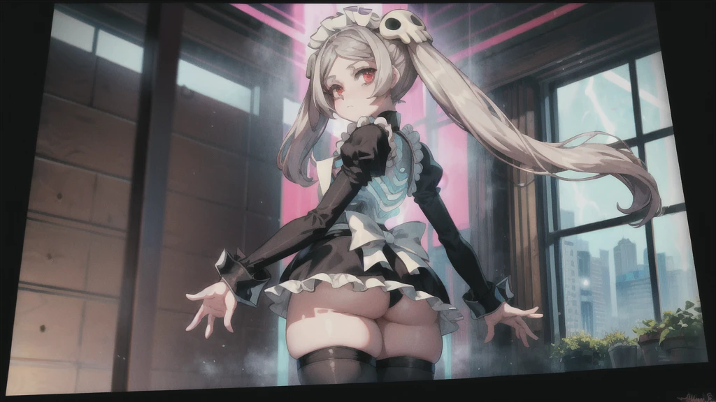 1girl, solo, indoors, looking at viewer, skg_marie, maid, maid apron, maid headdress, twin tails, skull hair ornament, red brooch, juliet sleeves, black shoes, white thigh high stockings, light rays, glow, (masterpiece), highlight thighs, thick thighs, highlight buttocks, background, back view, backwards