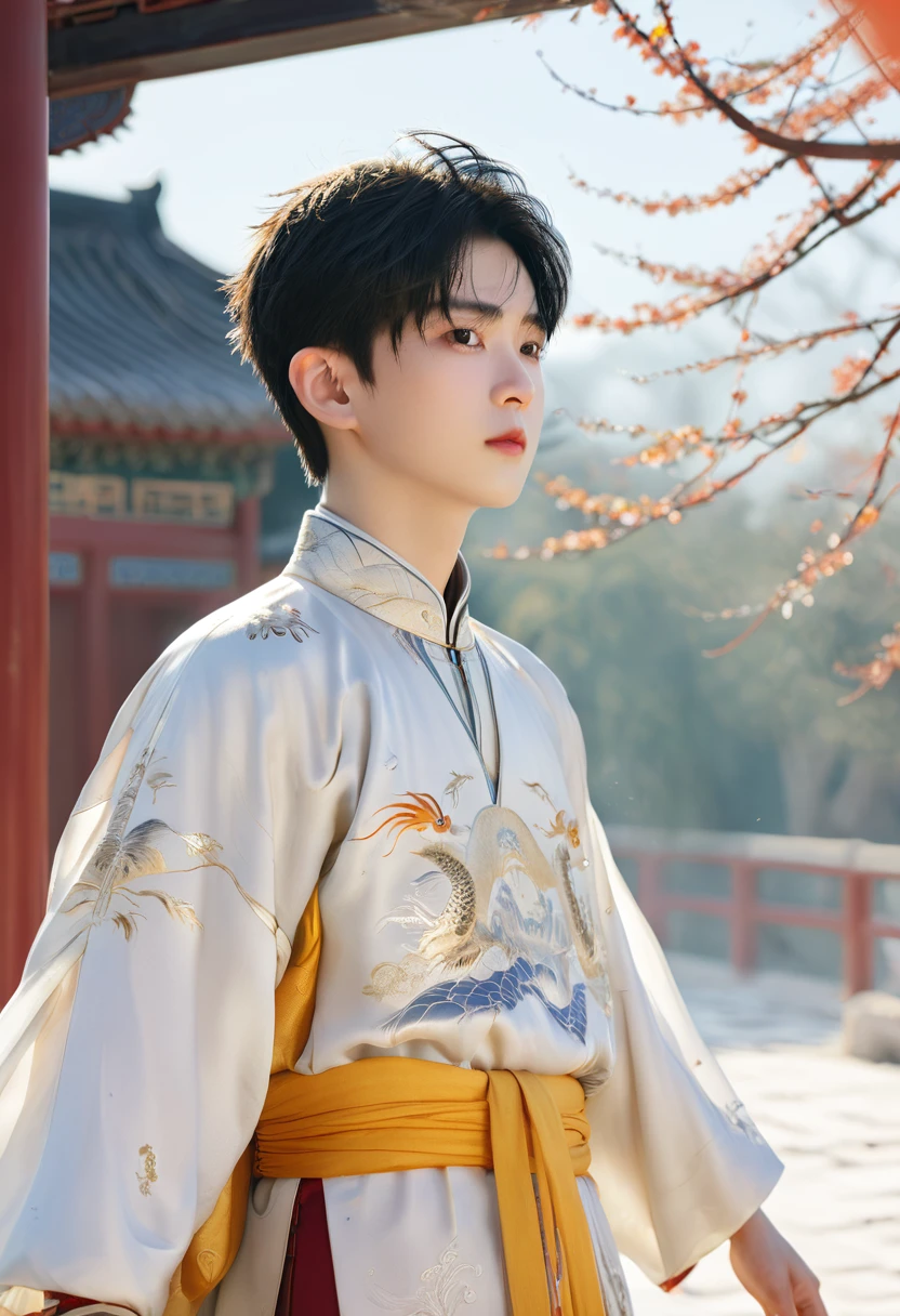 a boy, Chinese Clothing, whole body, Sunlight, Clear face, Clean white background, masterpiece, Super Detail, Epic Composition, Ultra HD, high quality, Extremely detailed, Official Art, 8k wallpaper, Super Detail, 32k