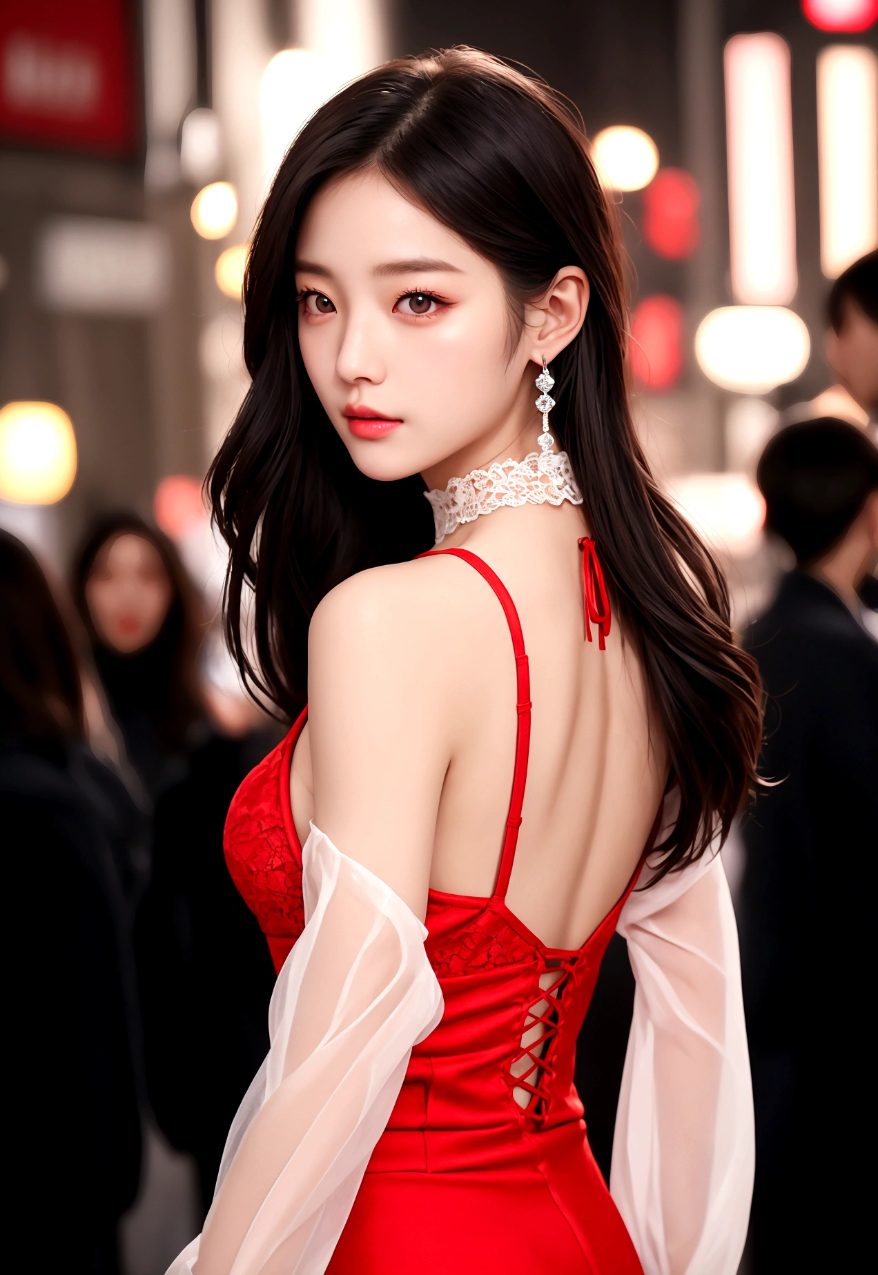 masterpiece,best quality,high resolution,8K,20 year old girl,single braid,(black hair),Full breasts,cleveage,Elegance and nobility,Serious and indifferent,Clean background,mulatto,Sexy look,big eyes,(Standing),Sexy pose,Center the character，(Red dress),White background
